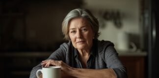Why Identity Can Feel Unstable When Life Slows Down After 50 Beautiful mature woman with gray hair sitting at a kitchen table with a coffee mug, aging gracefully.