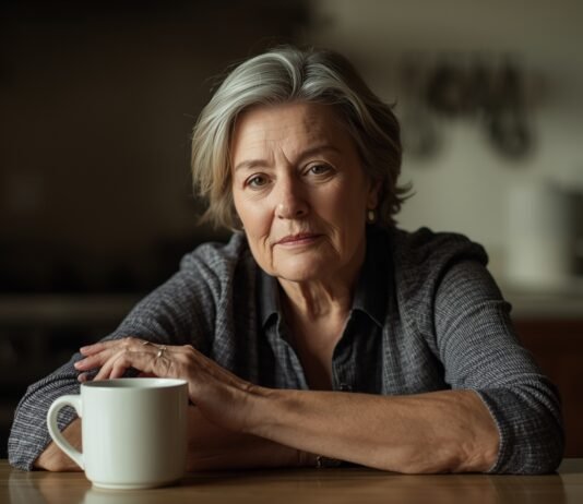 Why Identity Can Feel Unstable When Life Slows Down After 50 Beautiful mature woman with gray hair sitting at a kitchen table with a coffee mug, aging gracefully.