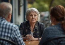 Feeling Lonely Even When You’re Not Alone After 50 Thoughtful senior woman having conversation with family at cafe, aging gracefully, senior lifestyle, multigenerational family, mature woman smiling, outdoor dining, healthy aging, positive aging, peaceful senior moments.