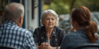 Feeling Lonely Even When You’re Not Alone After 50 Thoughtful senior woman having conversation with family at cafe, aging gracefully, senior lifestyle, multigenerational family, mature woman smiling, outdoor dining, healthy aging, positive aging, peaceful senior moments.