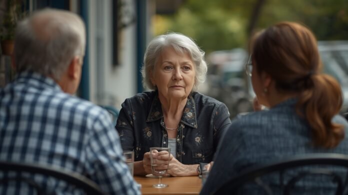 FI-GA50-lonely-not-alone-after-50-coffee-with-friends Thoughtful senior woman having conversation with family at cafe, aging gracefully, senior lifestyle, multigenerational family, mature woman smiling, outdoor dining, healthy aging, positive aging, peaceful senior moments.