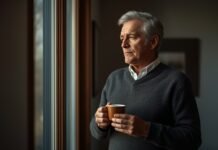 Why Losing a Role Can Feel Like Losing Yourself After 50 Contemplative mature man looking out window with coffee, reflecting on aging gracefully.
