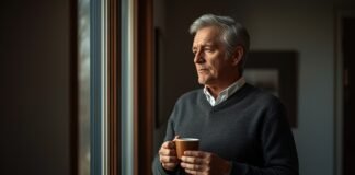 Why Losing a Role Can Feel Like Losing Yourself After 50 Contemplative mature man looking out window with coffee, reflecting on aging gracefully.
