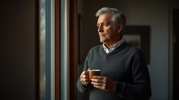 Contemplative mature man looking out window with coffee, reflecting on aging gracefully.