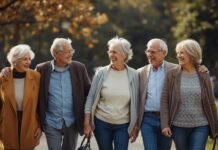 Why Making New Friends Can Feel Harder After Midlife Happy senior friends enjoying nature walk outdoors together in park during autumn.