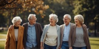 Why Making New Friends Can Feel Harder After Midlife Happy senior friends enjoying nature walk outdoors together in park during autumn.