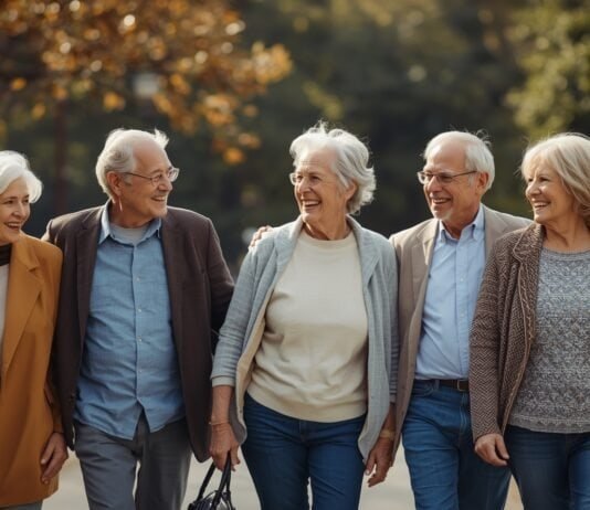 Why Making New Friends Can Feel Harder After Midlife Happy senior friends enjoying nature walk outdoors together in park during autumn.