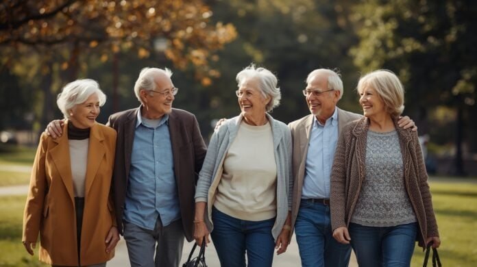 Happy senior friends enjoying nature walk outdoors together in park during autumn.