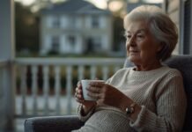 Navigating Purpose and Meaning After 50 Peaceful senior woman relaxing outdoors with a warm drink on a porch.