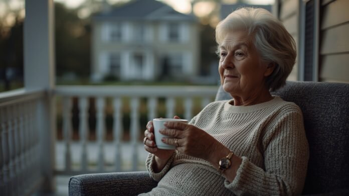 Peaceful senior woman relaxing outdoors with a warm drink on a porch.
