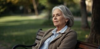 When Your Old Goals No Longer Motivate You Peaceful senior woman relaxing on park bench, enjoying nature and aging gracefully.