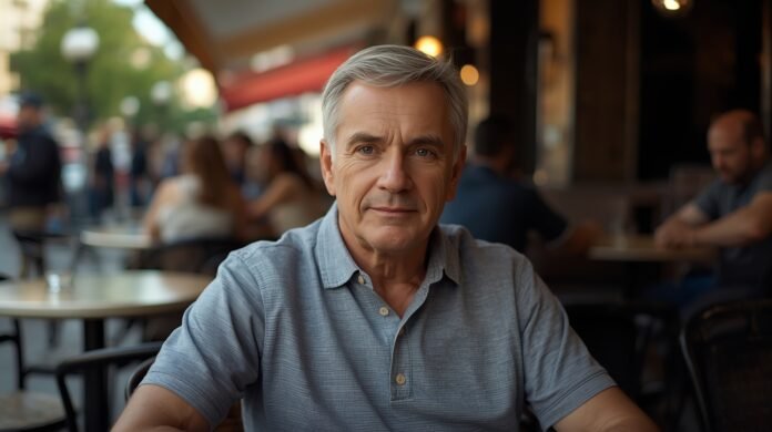 Confident mature man enjoying coffee at outdoor cafe, embracing graceful aging, 50+ lifestyle.