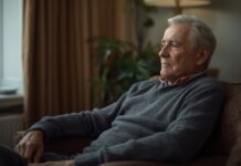 Why Your Sense of Purpose May Change When Life Becomes Quieter Elderly man sitting thoughtfully on sofa at home, aging gracefully and reflecting.