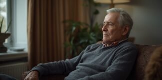 Why Your Sense of Purpose May Change When Life Becomes Quieter Elderly man sitting thoughtfully on sofa at home, aging gracefully and reflecting.