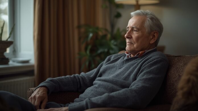 Elderly man sitting thoughtfully on sofa at home, aging gracefully and reflecting.