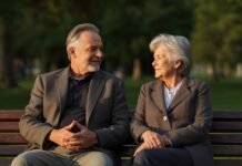 Purpose, Identity, and Emotional Well-Being After 50 Relaxed elderly couple enjoying a walk in the park, embracing graceful aging after 50.