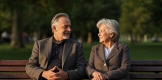 Purpose, Identity, and Emotional Well-Being After 50 Relaxed elderly couple enjoying a walk in the park, embracing graceful aging after 50.