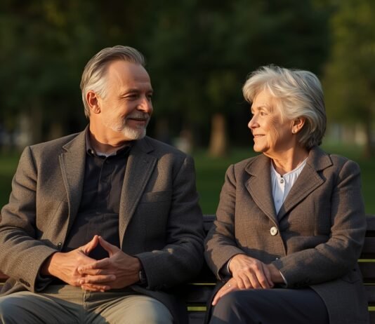 Purpose, Identity, and Emotional Well-Being After 50 Relaxed elderly couple enjoying a walk in the park, embracing graceful aging after 50.