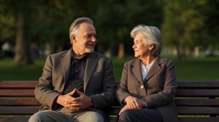 FI-GA50-purpose-identity-emotional-well-being-after-50 Relaxed elderly couple enjoying a walk in the park, embracing graceful aging after 50.