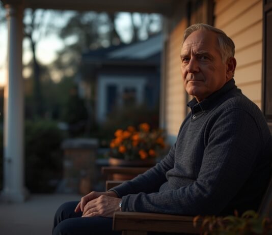 How Purpose Shifts When Work Is No Longer Central Reflecting senior man sitting outdoors at sunset, contemplating life and aging gracefully.