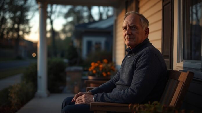 Reflecting senior man sitting outdoors at sunset, contemplating life and aging gracefully.