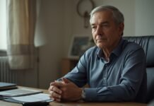 The Difference Between Purpose and Productivity After Midlife Reflections on aging and wisdom, mature man sitting at desk in a professional setting.