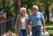 How Confidence Quietly Rebuilds After Retirement (Without Forcing It) Senior couple walking on a sunny sidewalk, enjoying life after 50.