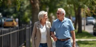 How Confidence Quietly Rebuilds After Retirement (Without Forcing It) Senior couple walking on a sunny sidewalk, enjoying life after 50.
