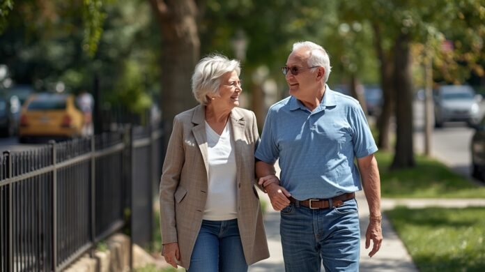 Senior couple walking on a sunny sidewalk, enjoying life after 50.