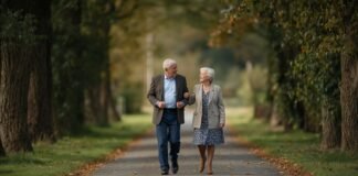 Redefining “Success” After Midlife Elegant elderly couple walking arm-in-arm in scenic park during autumn.