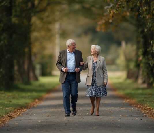 Redefining “Success” After Midlife Elegant elderly couple walking arm-in-arm in scenic park during autumn.