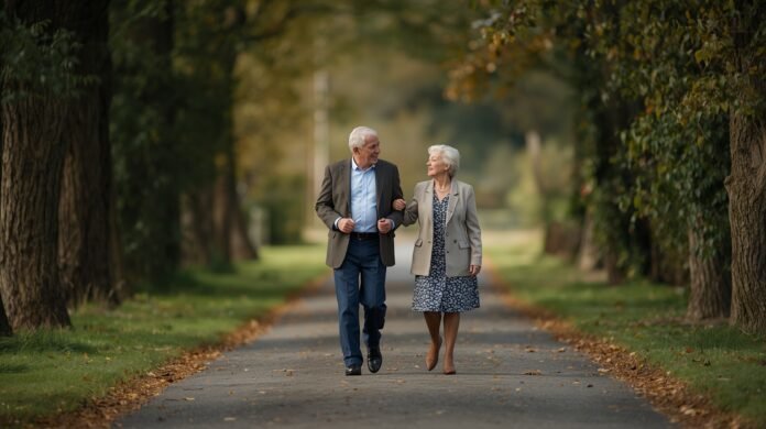 FI-GA50-redefining-success-after-midlife Elegant elderly couple walking arm-in-arm in scenic park during autumn.