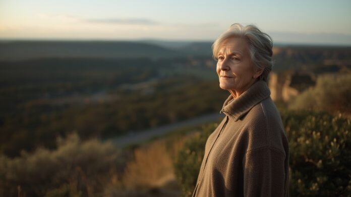 Peaceful senior woman enjoying nature and aging gracefully.