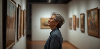 Why You May Second-Guess Yourself More After 50 (Even When You’re Capable) Elegant senior woman appreciating artwork at gallery, embracing graceful aging after 50.