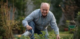 Why Small Sources of Meaning Often Matter More After 50 Senior man gardening in backyard, watering plants, healthy outdoor activity.