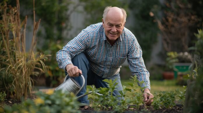 Senior man gardening in backyard, watering plants, healthy outdoor activity.