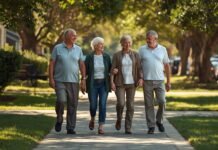 When Social Circles Shrink After Retirement or Life Changes Several adults in their early 60s walking together on a sunny neighborhood path, relaxed and engaged in conversation.