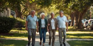 When Social Circles Shrink After Retirement or Life Changes Several adults in their early 60s walking together on a sunny neighborhood path, relaxed and engaged in conversation.
