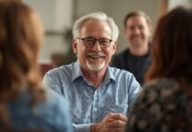 How Social Confidence Shifts After 50 (And Why That’s Normal) Smiling senior man with glasses engaging in conversation at a social gathering.