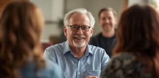 How Social Confidence Shifts After 50 (And Why That’s Normal) Smiling senior man with glasses engaging in conversation at a social gathering.
