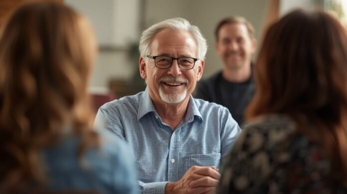 Smiling senior man with glasses engaging in conversation at a social gathering.
