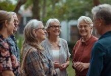 Social Connection After 50 Joyful elderly women outdoor social gathering in park, happy senior friends smiling together, healthy aging concept.