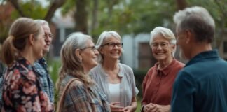 Social Connection After 50 Joyful elderly women outdoor social gathering in park, happy senior friends smiling together, healthy aging concept.