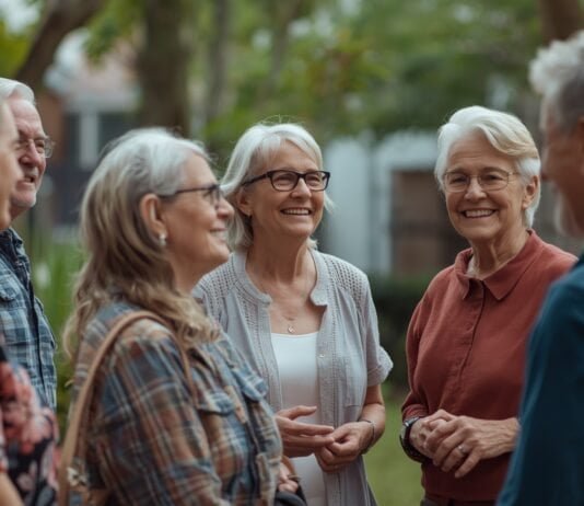 Social Connection After 50 Joyful elderly women outdoor social gathering in park, happy senior friends smiling together, healthy aging concept.