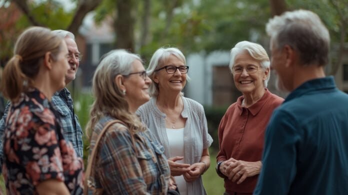 Joyful elderly women outdoor social gathering in park, happy senior friends smiling together, healthy aging concept.