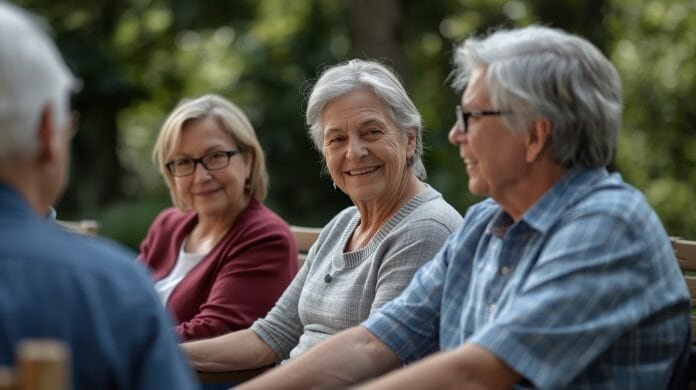 Peaceful senior women enjoying a chat outdoors in a park.