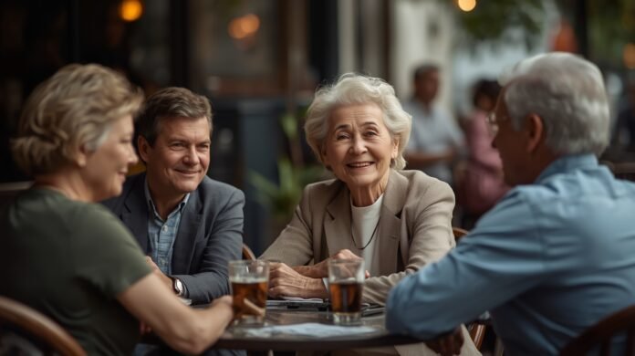 Enjoying vibrant social life and friendship in a cozy café for graceful aging after 50.