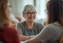Why Your Social Needs Change After 50 Woman in her early 60s smiling during a relaxed small-group discussion in a community setting.
