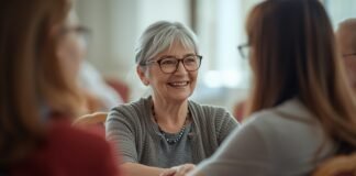 Why Your Social Needs Change After 50 Woman in her early 60s smiling during a relaxed small-group discussion in a community setting.