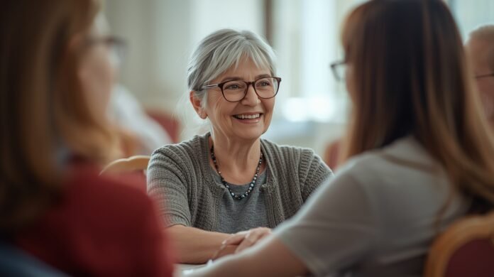 Woman in her early 60s smiling during a relaxed small-group discussion in a community setting.